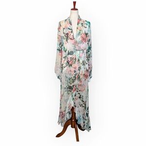 ROCOCO SAND Crinkle Chiffon Long Sleeve Faux Wrap Floral Ruffle Dress Size Small